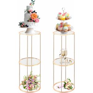 2PCS 2 Tier Round Gold Cake Stand for Party, Tall Metal Pedestal Stands for Display Decoration, Flower, Plant, Birthday, Wedding, Baby Shower, Bridal Shower, Cylinder Column for Desserts (11 x 11 x 31 Inches (l x w x h))