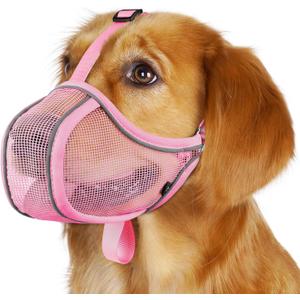 Mayerzon Dog Muzzle to Prevent Biting Scavenging Chewing, Soft Mesh Puppy Muzzles for Large Sized Dogs, Breathable, Reflective, Adjustable Mouth Guard for Grooming Walking Training (L, Pink) (L-(Snout Cir 10.75"-12"))
