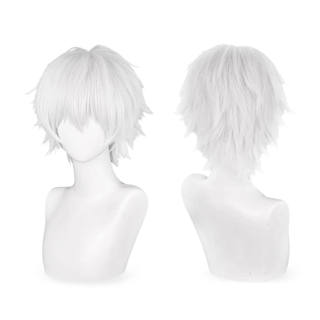 Cool Halloween White Short Anime Cosplay Wig, 2 Hair Caps+ Wig, Cosplay Anime Mens Hair Extensions, Silver Costume Christmas Event Party Wigs for Both Men and Teen Boys (JIN)