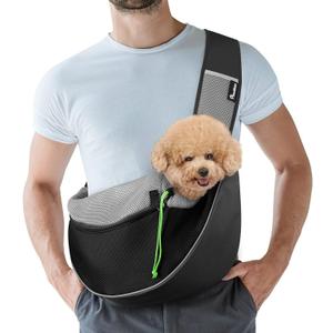 Pawaboo Pet Dog Sling Carrier, Hand Free Drawstring Dog Papoose with Adjustable Strap, Breathable Mesh Bag for Puppy Cat, Crossbody Satchel Dog Purse with Pocket for Outdoor Travel, Black, XL