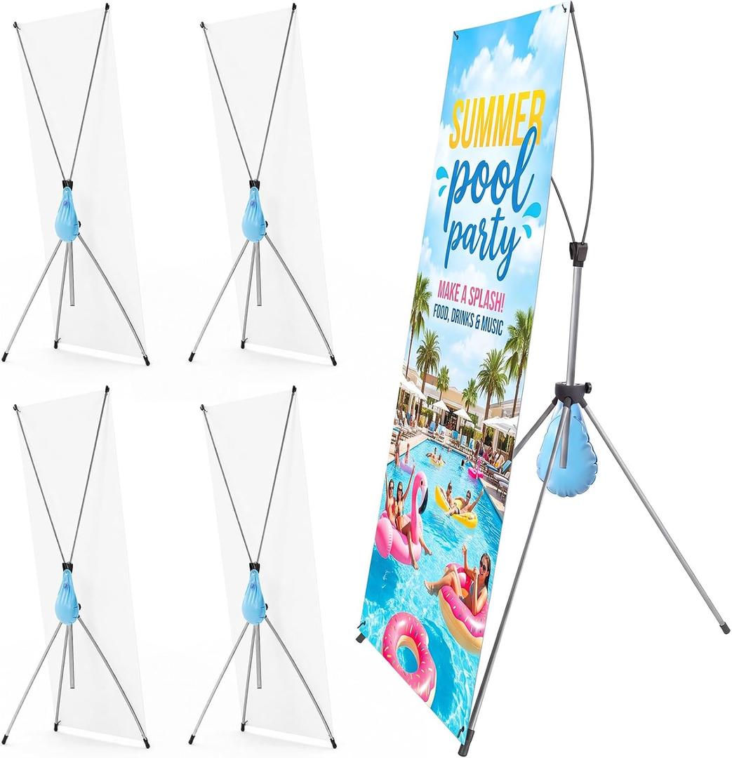 Zonon 4 Sets X Banner Stand Adjustable Fit 23 x 63 to 32 x 78 Inch with Water Weight Bag Carry Bag, Portable X Frame Banner Stand for Trade Show Store Photo Backdrop Event Birthday Booth Display