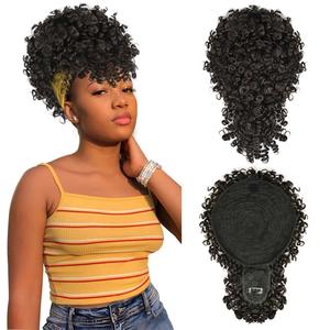 MODSIGHT Afro Puff Drawstring Ponytail with Bangs, Black Brown Kinky Curly Ponytail Bun with Bangs Updo Hairpieces, Short Afro Puffs with Bang for Black Women (Black Brown 2)
