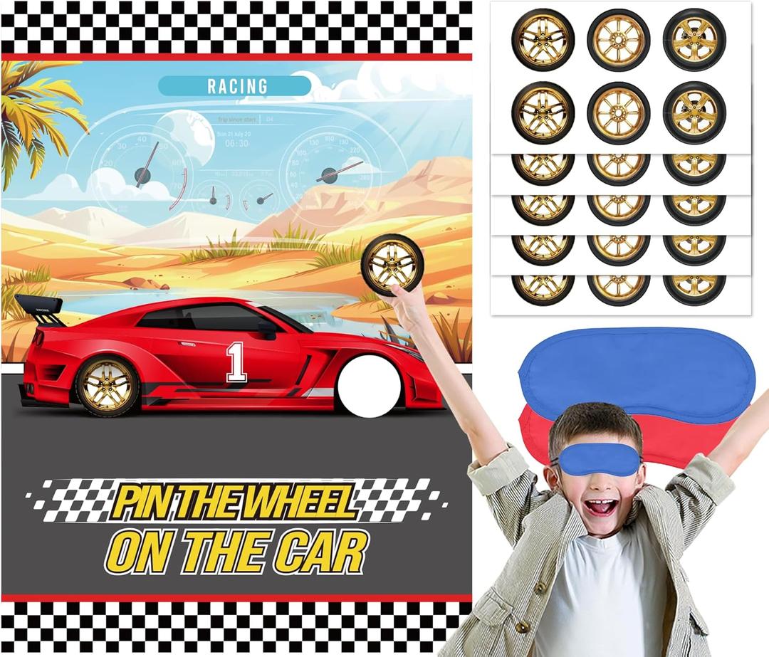 WNINK Pin The Wheels On The Car Games, Cars Party Game with 30 Gold Tyres Stickers, 2 Blindfolds for Car Theme Birthday Party