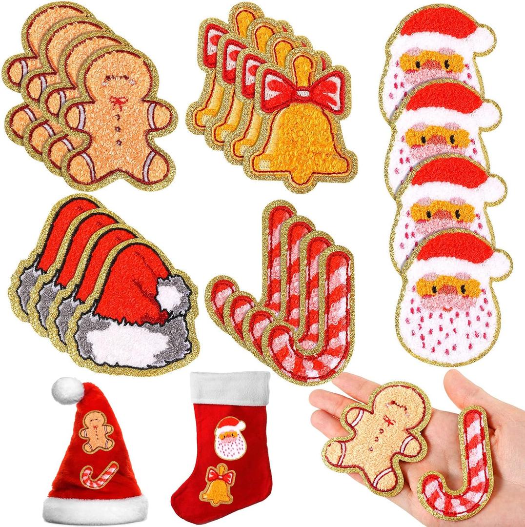 20 Pcs Christmas Self Adhesive Patches Santa Bell Candy Cane Cute Sew on Stickers Applique Washable for DIY Crafts T Shirt Clothing Jackets Backpacks Jeans Party Decorations Accessories (Santa)