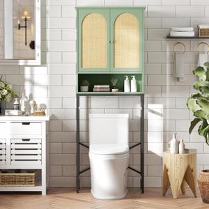 Rattan Over The Toilet Storage Cabinet, Bathroom Organizers and Storage Over Toilet with Rattan Door and Metal Stand, Tall Storage Shelves Above Toilet, Wood Rack for Restroom, Laundry, Foam Green, 42.7x13.5x8.5 inches