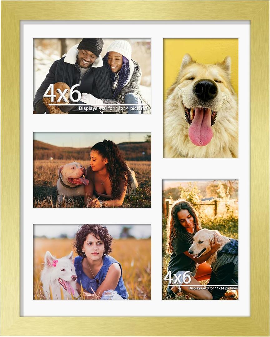 11x14 Collage Picture Frame, 4x6 Collage Picture Frame, Displays Five 4x6 inch Photos, or 11x14 (Without Mat) Wall Decor Wall Hanging or Tabletop, Gold.