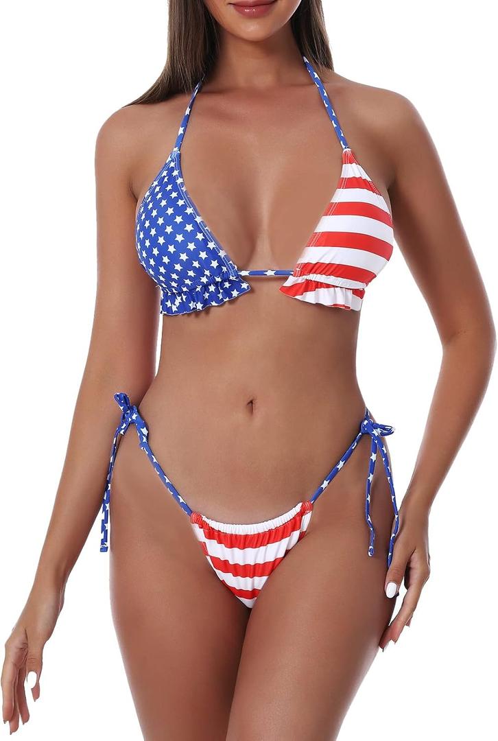 Bikinis Swimsuit Set for Women Swimwear Triangle Bathing Suit Tie String Thong (Small, American Flag)