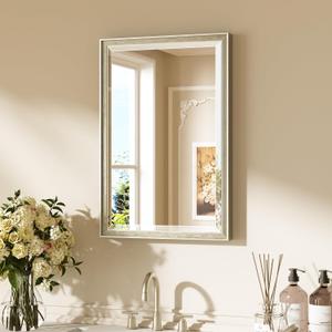 Keonjinn 16" x 24" Brushed Nickel Framed Mirror, Silver Bathroom Mirrors Beveled Edge, Decorative Aluminum Alloy Frame, Tempered Glass, Shatterproof, Modern Farmhouse Rectangular Mirror for Hallway