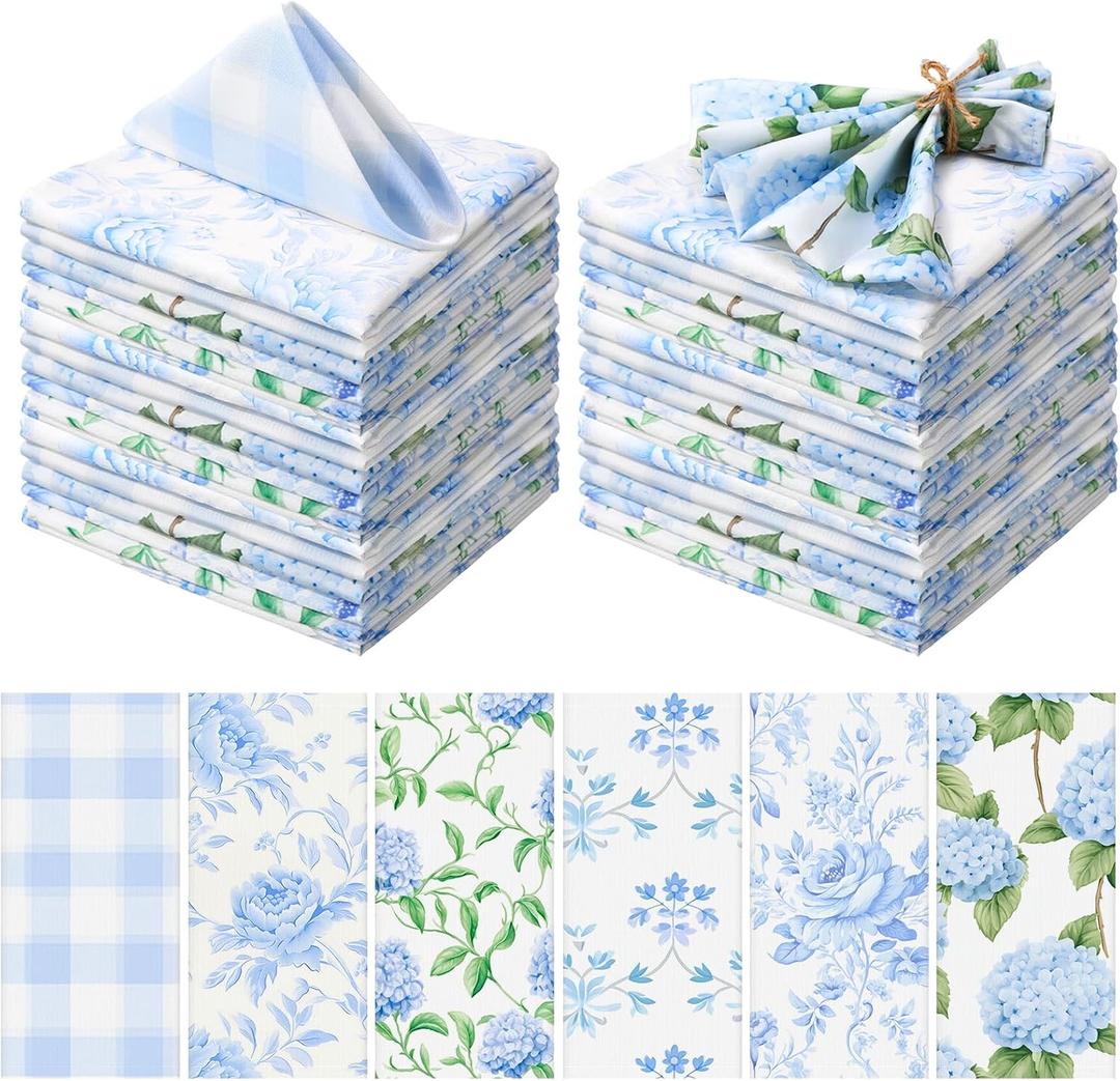 Hydrangea Floral Cloth Napkins 6 Patterns Washable Dinner Tea Party Napkins Reusable Plant Flowers Square Napkin Cotton Towel Decorative for Spring Wildflower Party(Blue Hydrangea,12 Pcs)