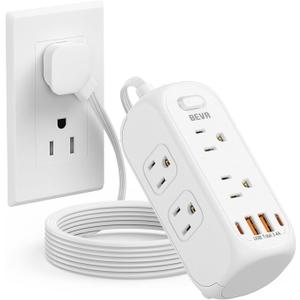 BEVA Power Strip with USB C, 5FT Flat Plug Extension Cord, Surge Protector with USB Ports 6 Outlet 4 USB Ports (2 USB C), Wall Mount Small Power Strip for Travel Home Office College Dorm