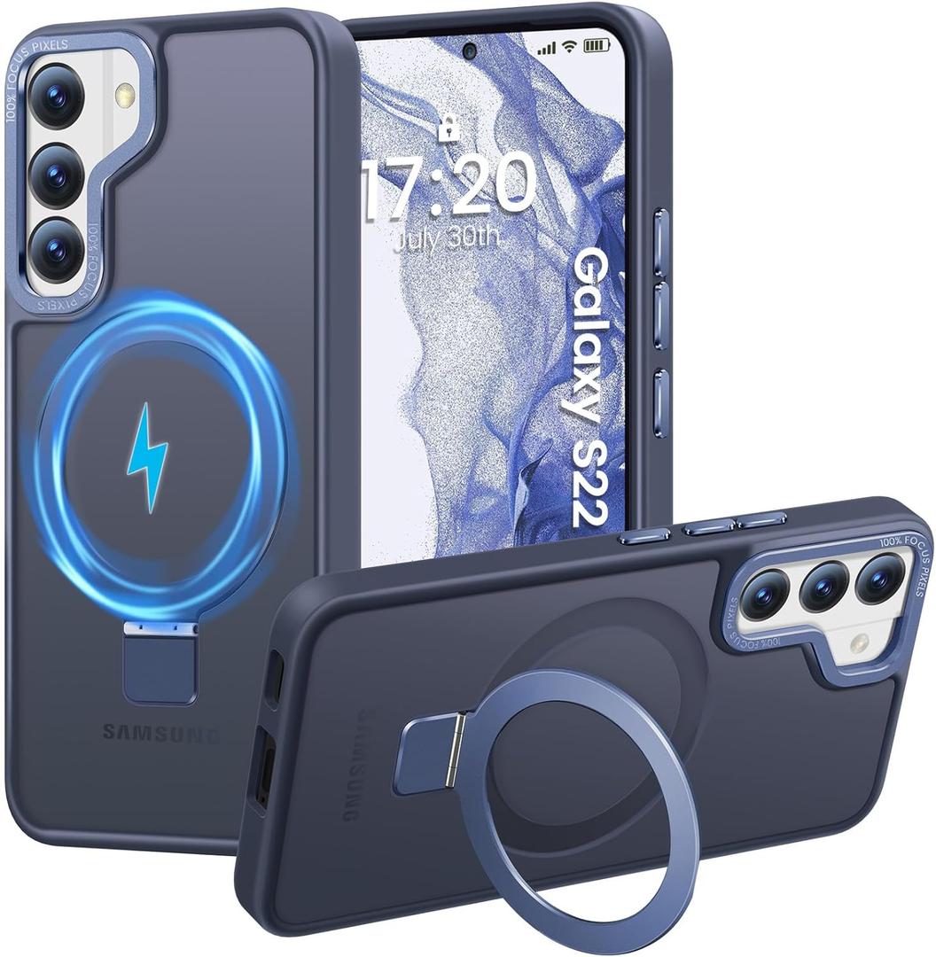HuwaiH Magnetic Stand for Samsung Galaxy S22 Case, Military-Grade Protection, Anti-Fingerprint Anti-Scratch Translucent Matte Phone case for Samsung Galaxy S22 (Dark Blue)