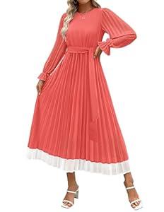 ZESICA Women's Spring Long Sleeve Chiffon Dress Casual Crew Neck Pleated A Line Flowy Midi Dresses with Belt, Watermelon, Small
