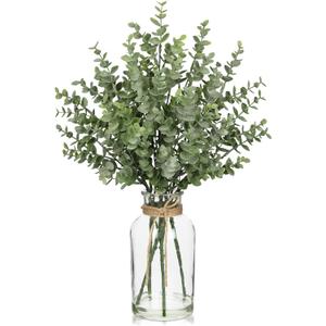 Fake Real-Touch Eucalyptus in Glass Vase with Faux Water  Realistic Faux Greenery Decor, 18" Tall, Artificial Eucalyptus Arrangement for Home, Farmhouse, Kitchen, Bathroom, Office