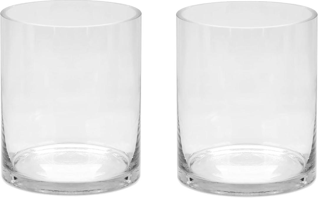 5" Wide 6"" High Large Hand Blown Sturdy Clear Cylinder Glass Vase, Centerpiece Flower Vase for Rose, Tulip, Boquets, Hurricane Candle Holder (2, 5"x6")