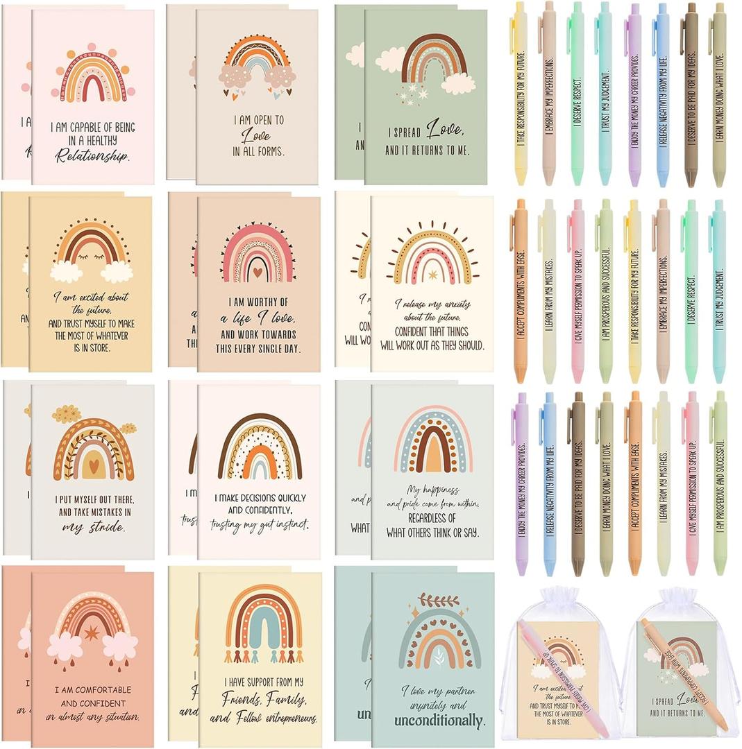 Mooliwe 48 Pcs Positive Affirmation Gift Set Gratitude Notebooks with Pens Small Bags Motivational Encouragement Notepads Daily Affirmations Journal for Women Stress Relief Self Care (Cute)