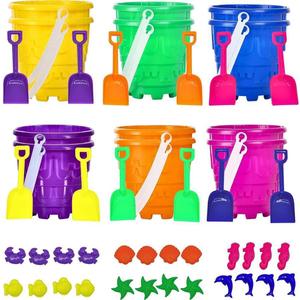 4E's Novelty 12 Sets Beach Toys - Includes 12 Sand Buckets, 12 Shovels, 24 Sand Molds for Kids - Small 5.75" Beach Buckets Bulk, Summer Party Favors, Easter Basket Stuffers, Student Gifts