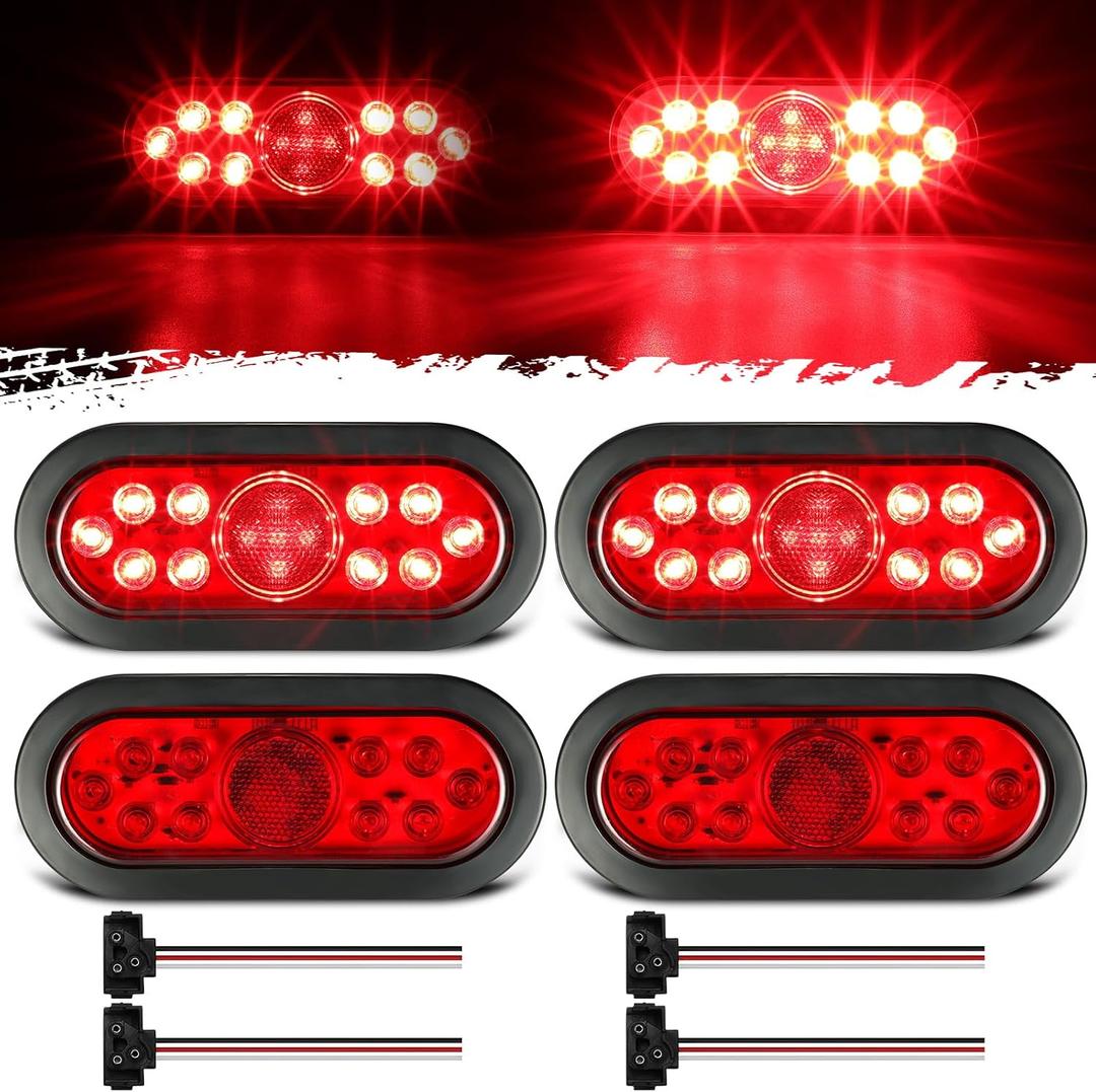 Partsam 4x Oval Led Trailer Lights 6" Stop Brake Turn Signal Rear Tail Lamp Red Lens 15LEDs w Reflector 12V IP67 Waterproof Sealed Flush Mount 3-pin Plug Water Tight Wires Rubber Grommet