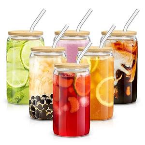 sungwoo 6PCS Glass Cups with Bamboo Lids and Straws, 16OZ Ice Coffee Cup, Drinking Cup set with Wooden Lids, Home Essential Glass Tumblers for Beer, Cocktail, Tea and Latte Clear