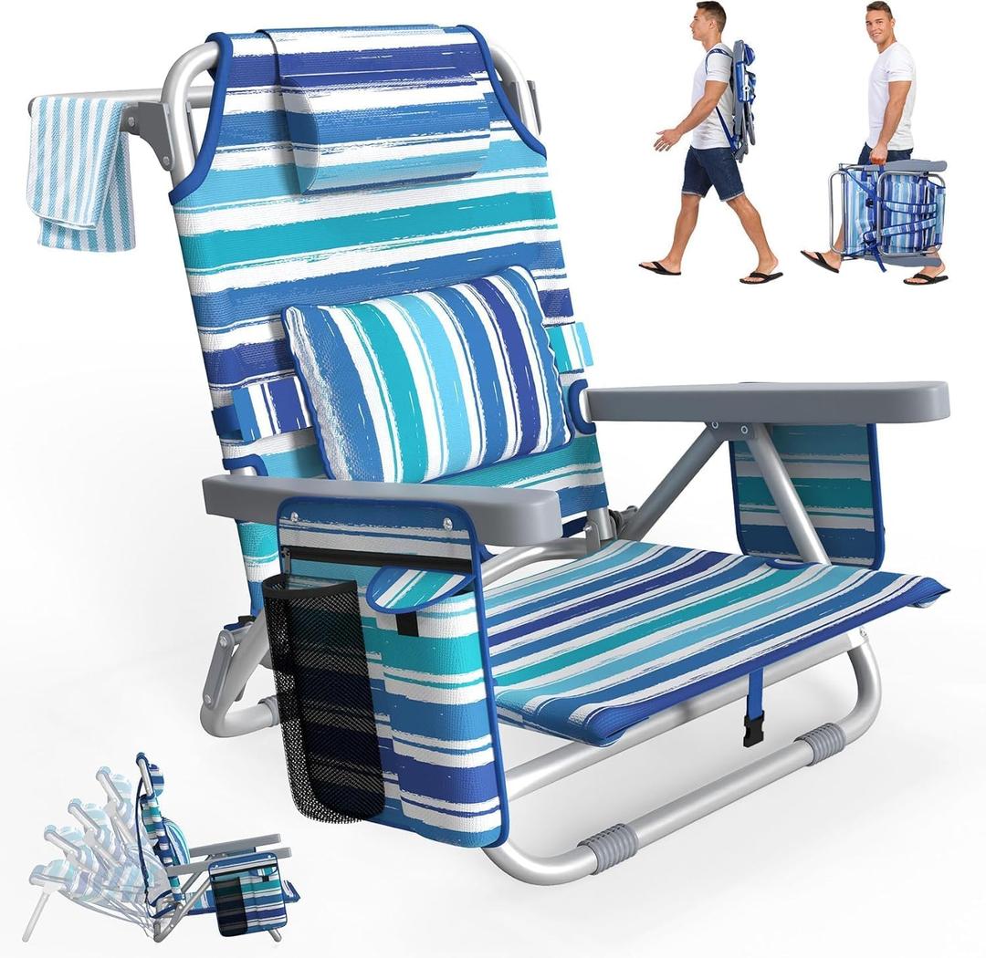 Suteck Beach Chair, Adjustable 5-Position Backpack Beach Chairs for Adults Kids, Foldable Lay Flat Chair with Cooler Bag, Cup Holder and Lumbar Pillow, Reclining Lay Down Chairs (1, Blue&White)