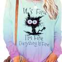 MNLYBABY It's Fine I'm Fine Everything Is Fine Sweatshirt Women Cute Black Cat Tee Tie Dye Cat lover Long Sleeve Top, L