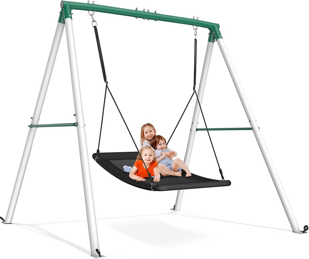 Trekassy Swing Sets for Backyard, 440lbs Heavy Duty A-Frame Metal Stand with 60" Large Platform Swing for Outdoor Playground ParkGreen/White Frame + Black Swing(Patented)