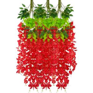 12 Pack Red Wisteria Hanging Flowers Garland, 3.77 Feet Artificial Flower Vines, Fake Wisteria, Artificial Vines Hanging Garland for Backdrop Outdoor Yard Garden Decor