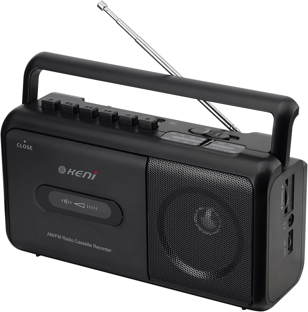 G Keni Portable Cassette Player Boombox AM/FM Radio Stereo, Casette Tape Player Recorder with Earphone Jack Battery Operated or AC Powered, Black