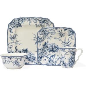 222 Fifth Adelaide 16-Piece Square Floral Dinnerware Set  Service for 4, Blue & White Porcelain Plates & Bowls, for Everyday Dining & Entertainment, Microwave & Dishwasher Safe, Chip Resistant