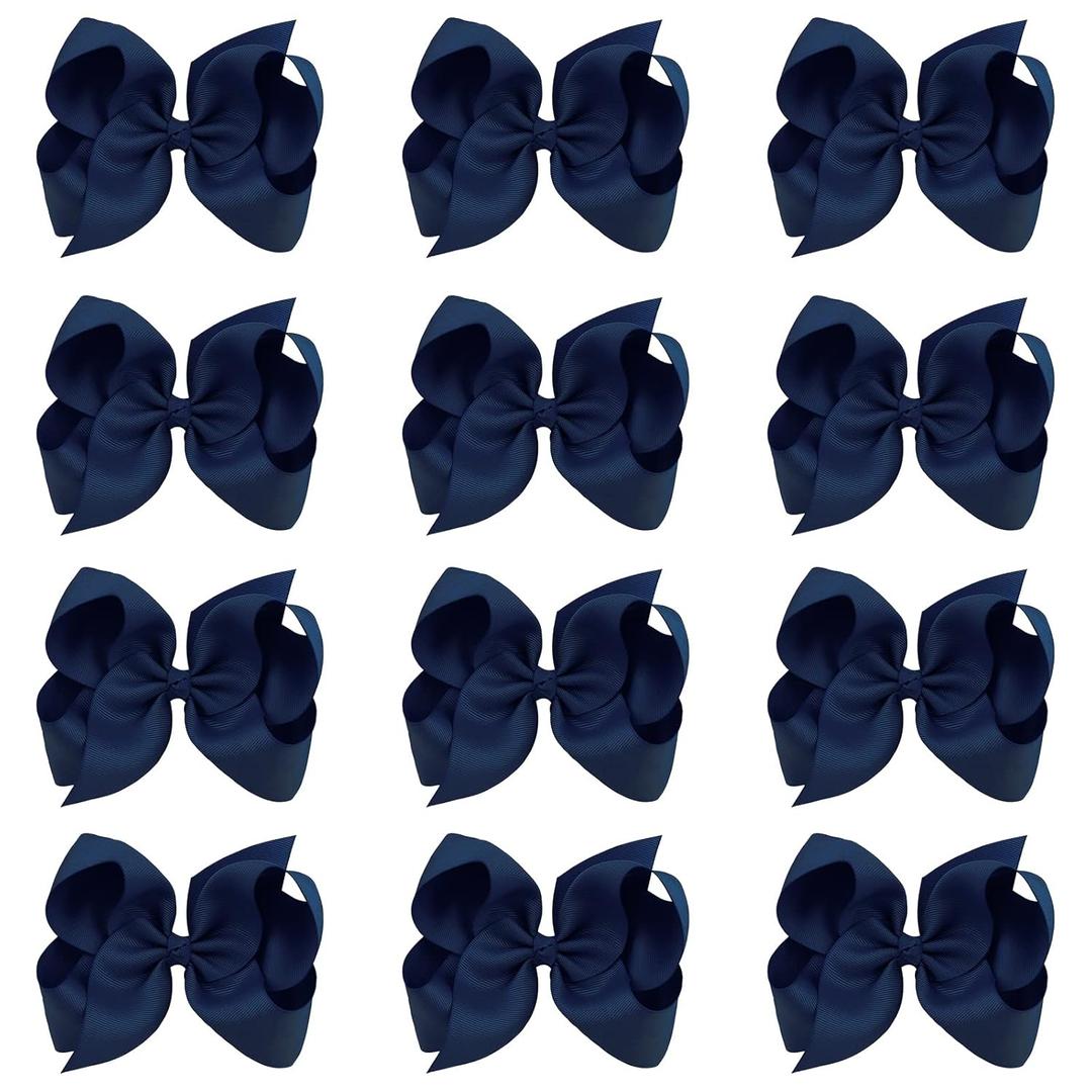Oaoleer Big Hair Bows for Girls 12 PCS 6" Navy Grosgrain Ribbon Large Boutique Bow Alligator Clips Hair Accessories for Toddlers Little Girls Kids