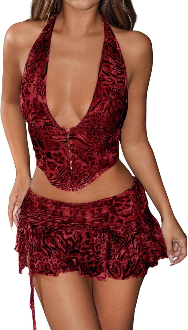 SHENHE Women's Skirt Set Y2k 2 Piece Outfits Leopard Halter Backless Top and Animal Ruffle Mini Skirt Sets (Deep Red, S)