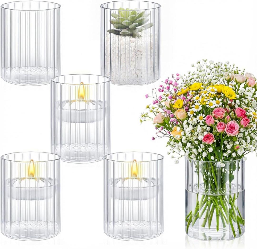 6 Pcs 4 Inch Tall Glass Ribbed Cylinder Vases Clear Floating Candle Flower Vase in Bulk, Hurricane Candle Holder for Wedding Housewarming Gift Table Centerpieces
