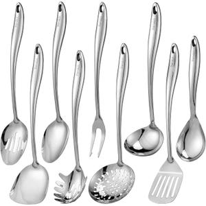 304 Stainless Steel Kitchen Utensil Set - 9 PCS Serving Utensils, Cooking Utensil, Solid Spoon, Slotted Spoon, Fork, Spatula, Ladle, Skimmer Spoon, Slotted Spatula Tunner, Spaghetti Spoon, Large Spoon (Sliver)