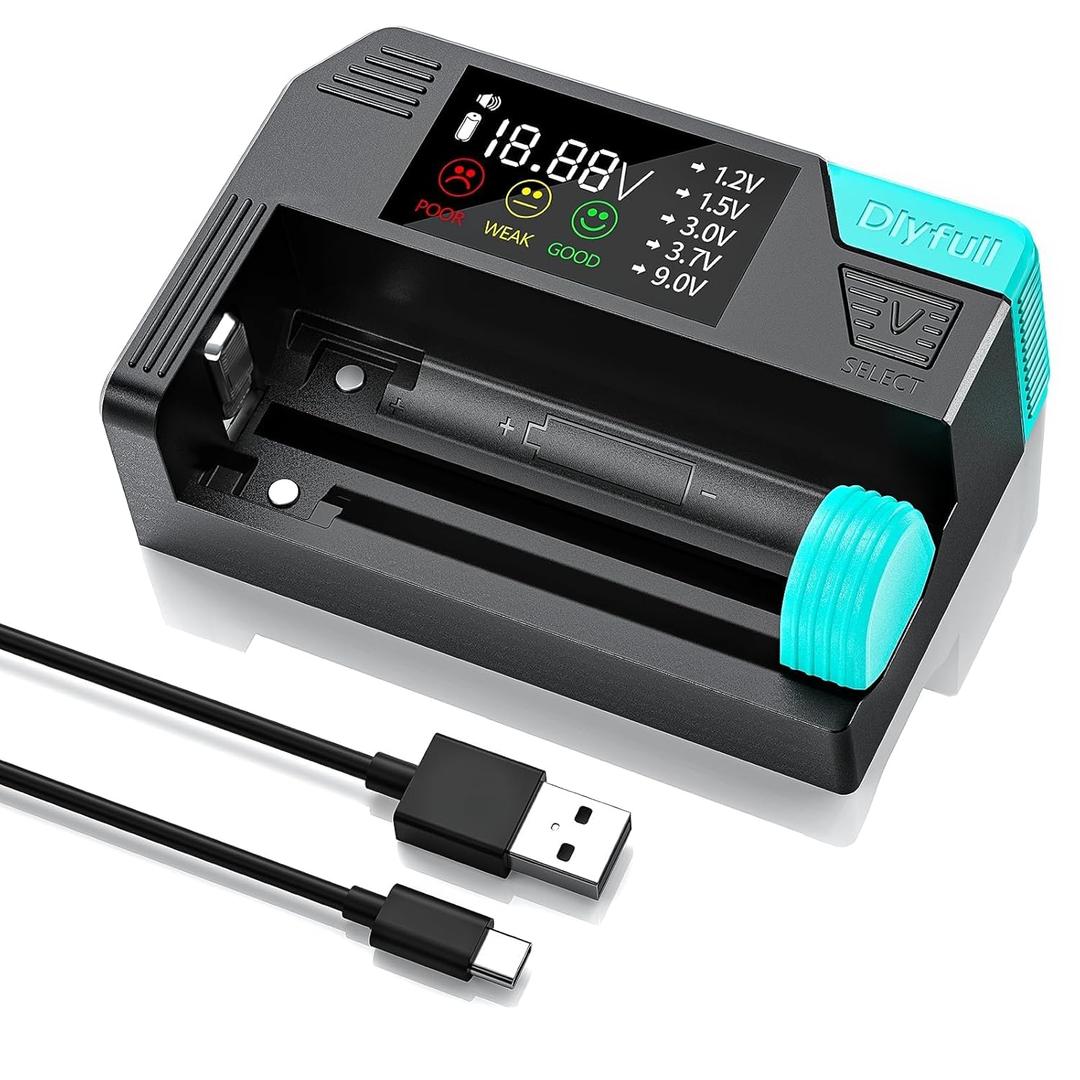 Dlyfull Battery Tester, LCD Display Universal Battery Checker for Ni-MH, Ni-CD, Li-ion, Alkaline, 1.5V/3V Button Cell Batteries(AAA AA C D 9V 18650 CR123A LR44 CR2032 Cells), Cable Included