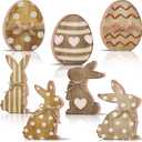 7 Pcs Easter Bunny Egg Decorations Rustic Rabbit Egg Wooden Table Signs with Bows Farmhouse Easter Tiered Tray Decor Vintage Bunny Tabletop Centerpieces for DIY Crafts Spring Holiday Party