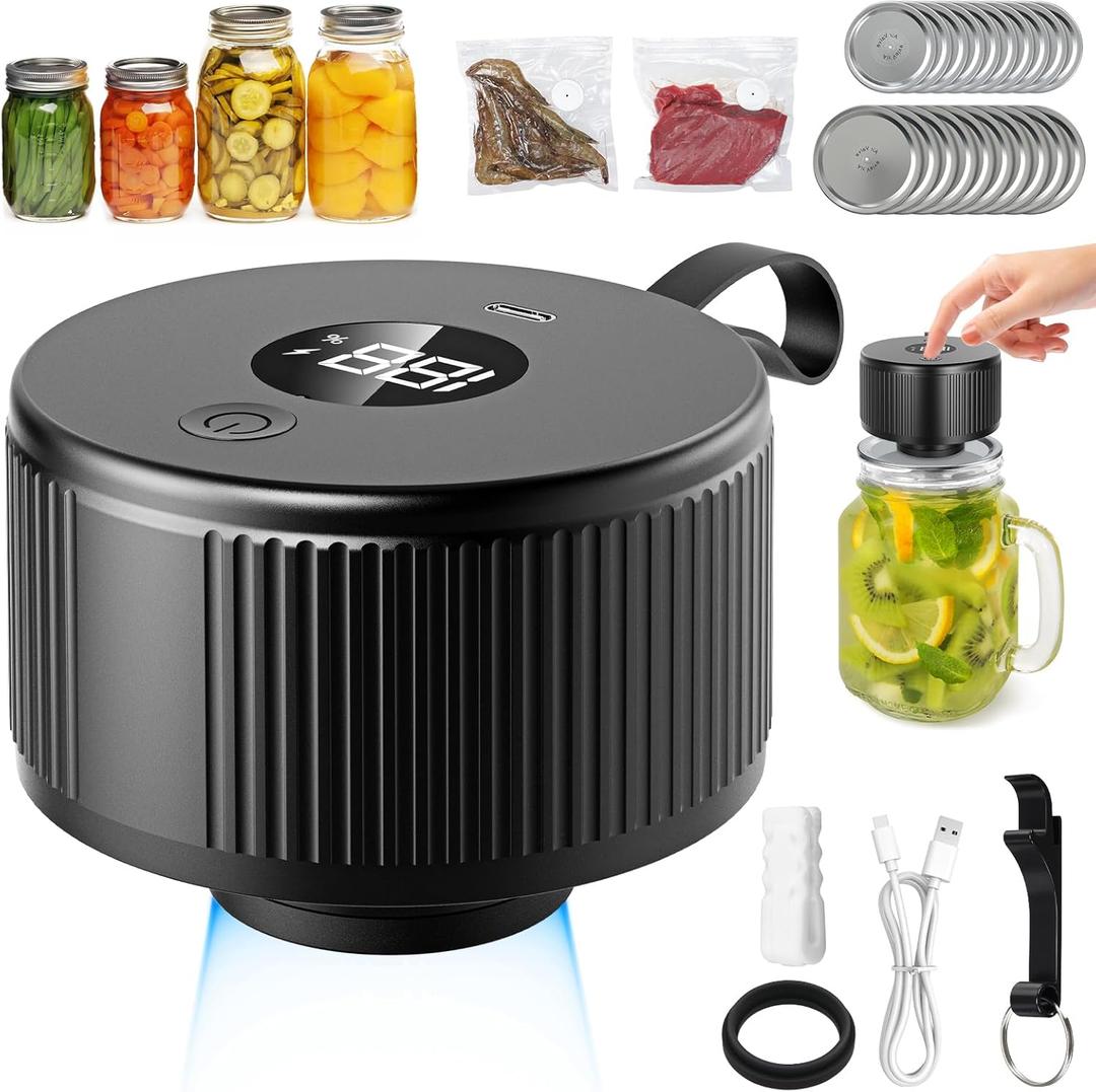 Automatic Mason Jar Vacuum Sealer Kit for Regular Mouth and Wide Mouth Canning Jars, 3-in-1 Electric Mason Jar Vacuum Sealer with 10 Regular Mouth 10 Wide Mouth Canning Jars and 2 Sous Vide Bags