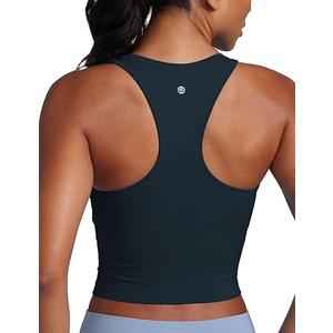 CRZ YOGA Seamless Ribbed High Neck Crop Tank Tops for Women - Longline Racerback Padded Sports Bras True Navy Small