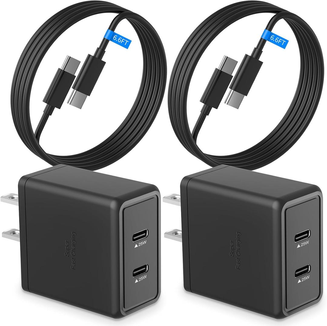 2 Pack 25W Super Fast Charger for Samsung Galaxy A17 A16 A15 A14 5G A56 A55 A54 A53 A52 A36 A32 A31 A41 A51 A71 S26, Dual USB C Ports Travel Adapter+2 * 6.6FT Type C Cable Cord