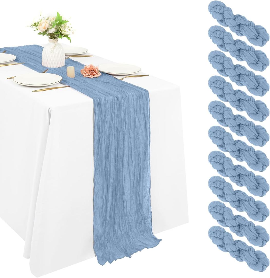 10 Pack Cheesecloth Table Runner 20 x 120 inch Long Boho Gauze Table Runners 10FT Semi Sheer Table Runner for Wedding Decor, Baby Shower, Birthday Party, Banquet (Dusty Blue)