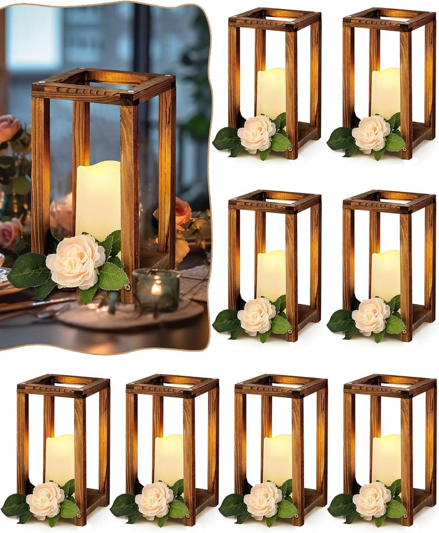 16 Pcs Lantern Wedding Centerpieces Includes 8 Rustic Wooden Wedding Lantern Centerpiece for Decorative Candle and 8 Flameless Lantern Candle Holder for Valentine Wedding Table Decor(Brown)