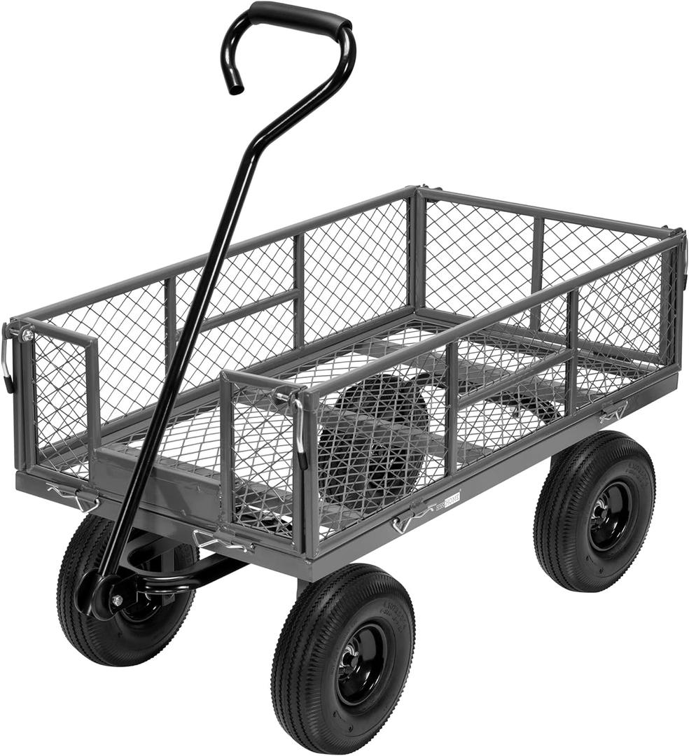 VIVOHOME Heavy Duty 880 Lbs Capacity Mesh Steel Garden Cart Folding Utility Wagon with Removable Sides and 4.10/3.50-4" Wheels 10 inch Tire (Grey) (Large, Gray)