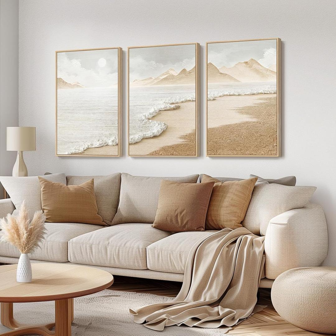 Framed Boho Coastal Beach Wall Art for Living Room, Large Neutral Abstract Coastal Canvas Artwork for Walls, 3 Piece Minimalist Ocean Picture Print for Bedroom Kitchen Wall Decor, Total Size 30x60 In