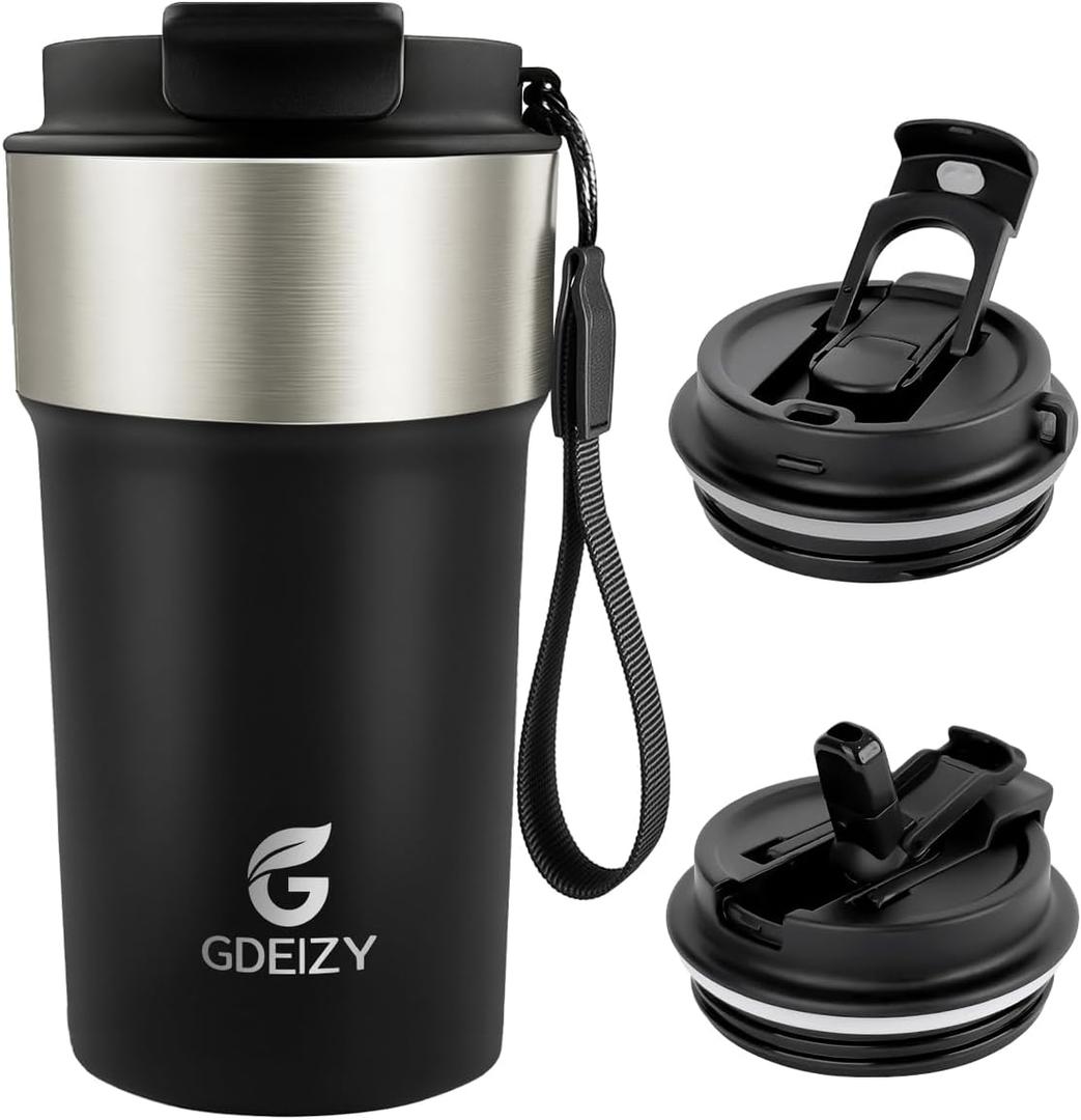 Insulated Coffee Mug, 17oz Stainless Steel Travel Mug with Flip-Top Straw Lid, Leak Proof Vacuum Insulated Tumbler, Reusable Coffee Cup for Hot & Cold Drinks, Black