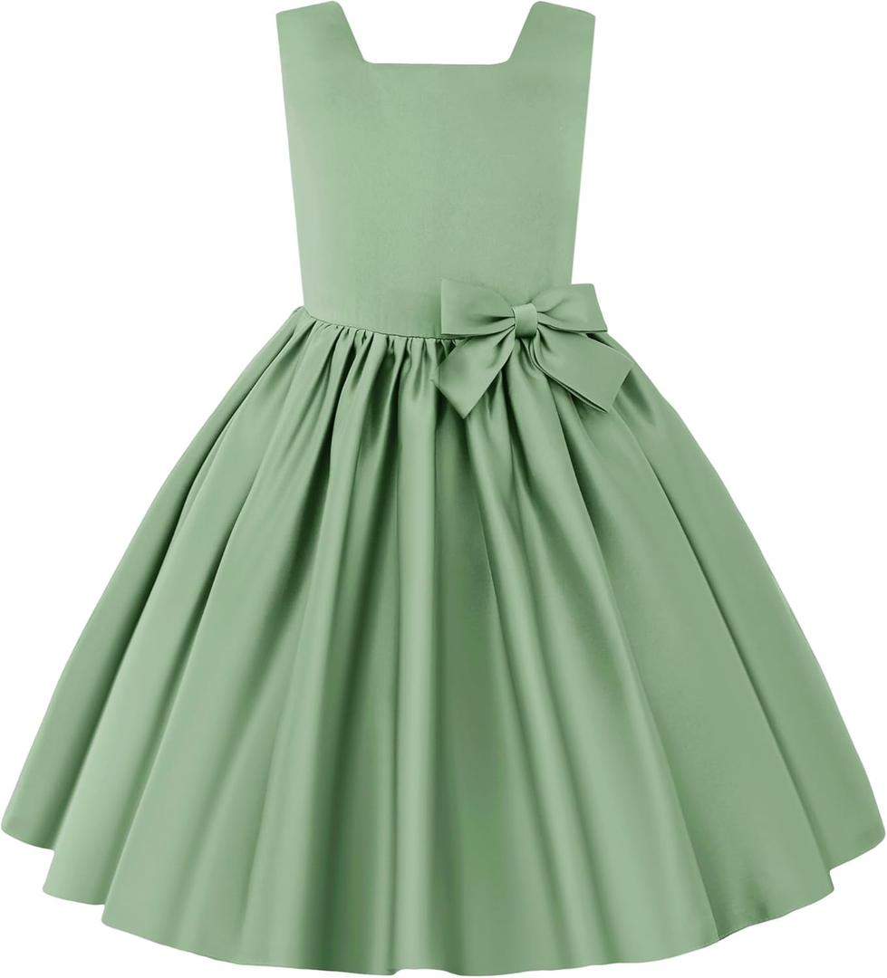 Uhnice Flower Girl Satin Dress Sleeveless Dresses with Detachable Bow for Wedding Party (5-6 Years, Green)