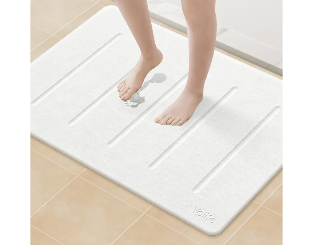 Yolife Stone Bath Mat Large, 32" x 20" Diatomaceous Earth Bath Mat for Bathroom, Super Absorbent Quick Drying Bathroom Stone Mat, Non-Slip Diatomite Shower Mat, Easy to Clean (White Grey)