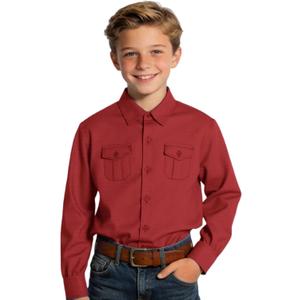 Boys Western Shirt for Kids Long Sleeve Button-Down Cowboy Shirt with Two Pockets, Size 2T-18 Years (Red)