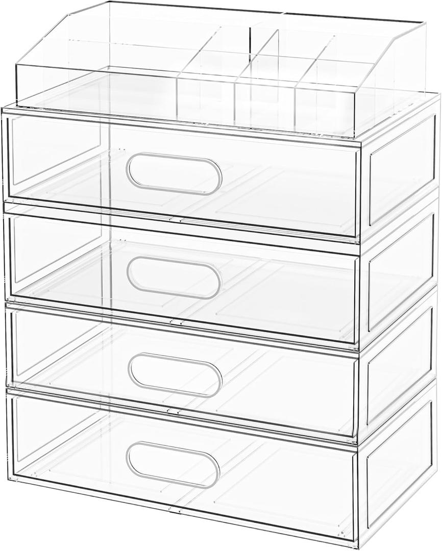 Clear Stackable Makeup Organizer with Drawer, 12''W Acrylic Storage Drawers, Cosmetic Display Case for Vanity Bathroom Countertop, Beauty Holder for Lipstick Brush Skincare Perfume (5 Pack)