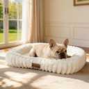 Washable Dog Bed for Medium Dogs  Soft Plush Calming Puppy Bed with Anti-Slip Bottom & Portable Handle, Orthopedic Rectangle Anti-Anxiety Pet Bed for Kennel/Crate, 30"x24"x5", Cream