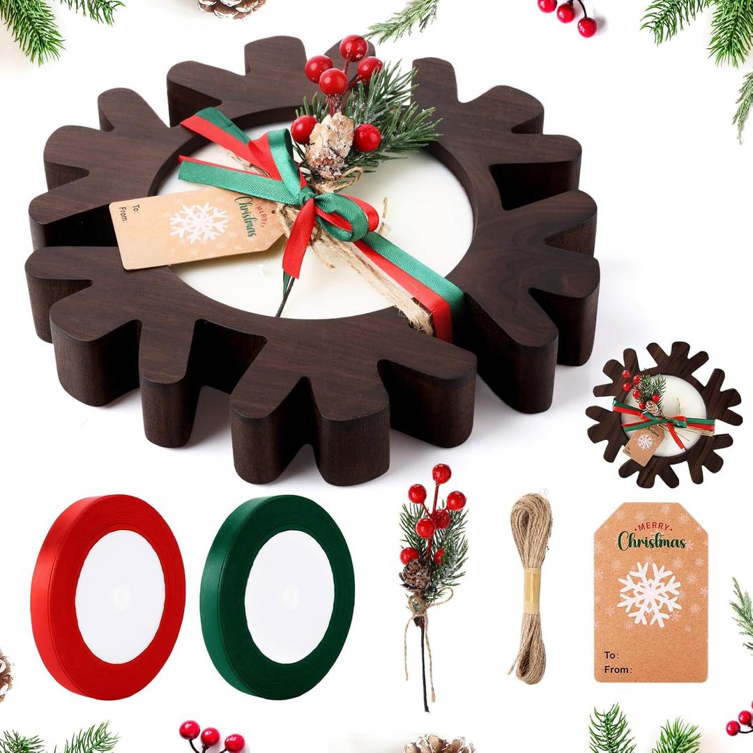 1 Set Wooden Christmas Bowl Candle Gifts 14oz Large Rustic Wood Christmas Dough Bowl Candle with Berries Pine Label for Xmas Farmhouse Table Centerpiece Decor, 11.81 x 9.84 in(Snowflake)