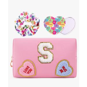 3 x Initial Makeup Bag with Mirror & Hair Scrunchies, Personalized Monogram Custom Cosmetic Bag Travel Toiletry Pouch, Birthday Gifts for Her Women Bridesmaid Teacher (S)