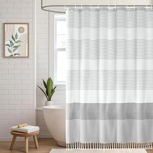 Farmhouse Shower Curtain Grey Cotton Shower Curtains for Bathroom with Striped Tassel 72 X 72
